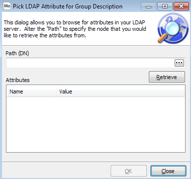 Dialog where you can browse for an attribute on your LDAP server by entering the path (DN) and selecting Retrive.  A list of attributes found on the server is displayed below.